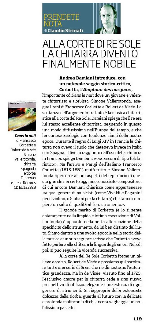 Venerdì di Repubblica del 20-12-2013, pag.119, articolo di Claudio Strinati sul cd Dans la nuit, di Simone Vallerotonda
